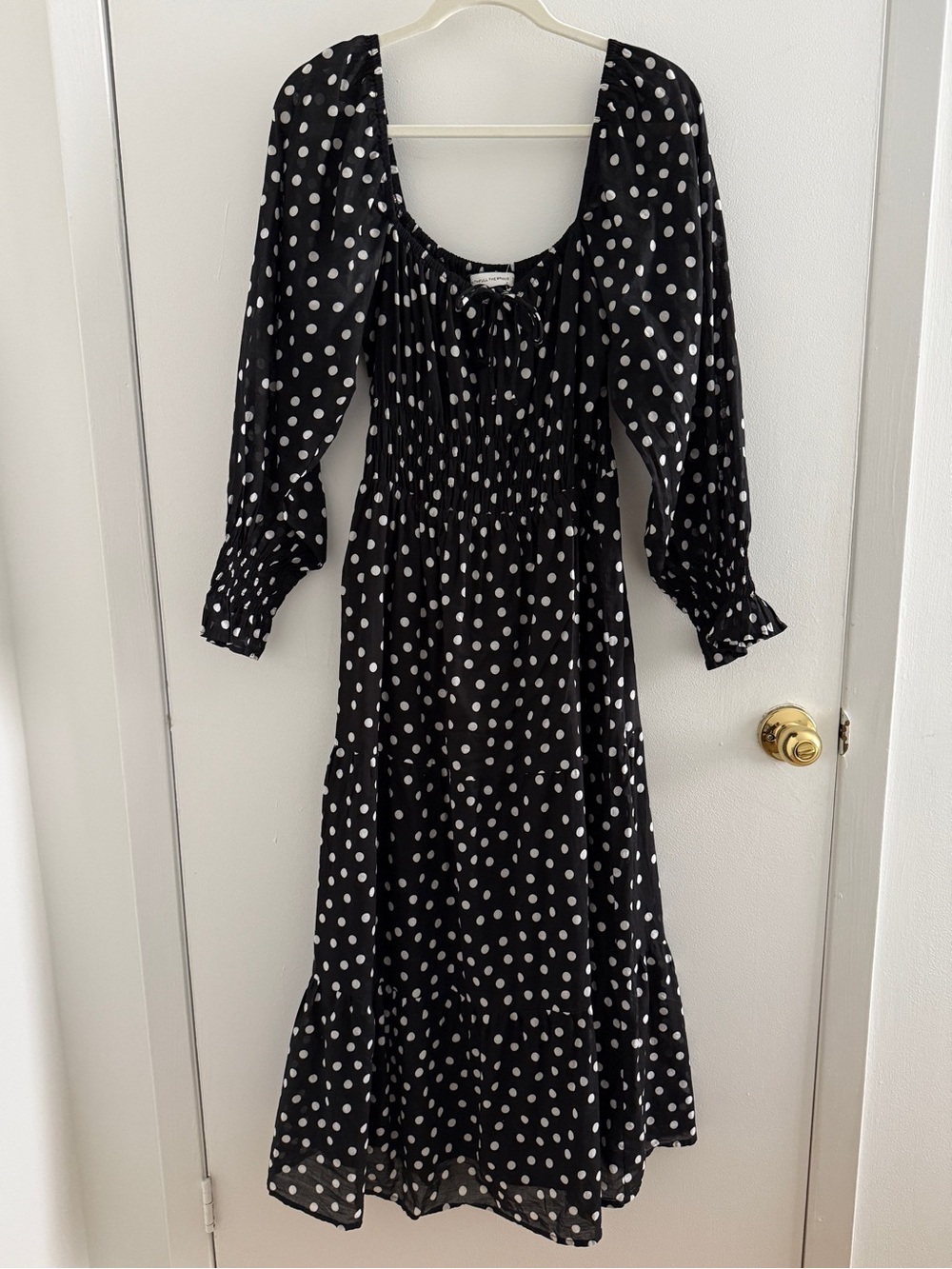 Faithfull The Brand Black White Polka Dot Milkmaid Long Sleeve Midi Dress Sz 8/L
